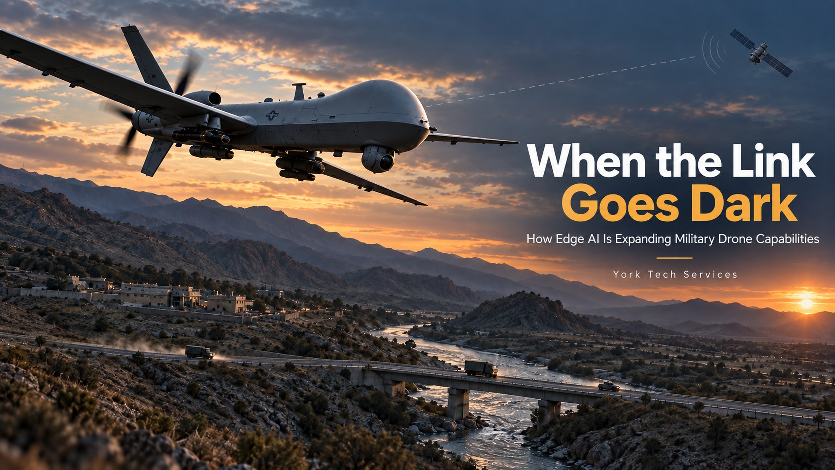 Military drone flying over a mountain valley with a satellite communication link
